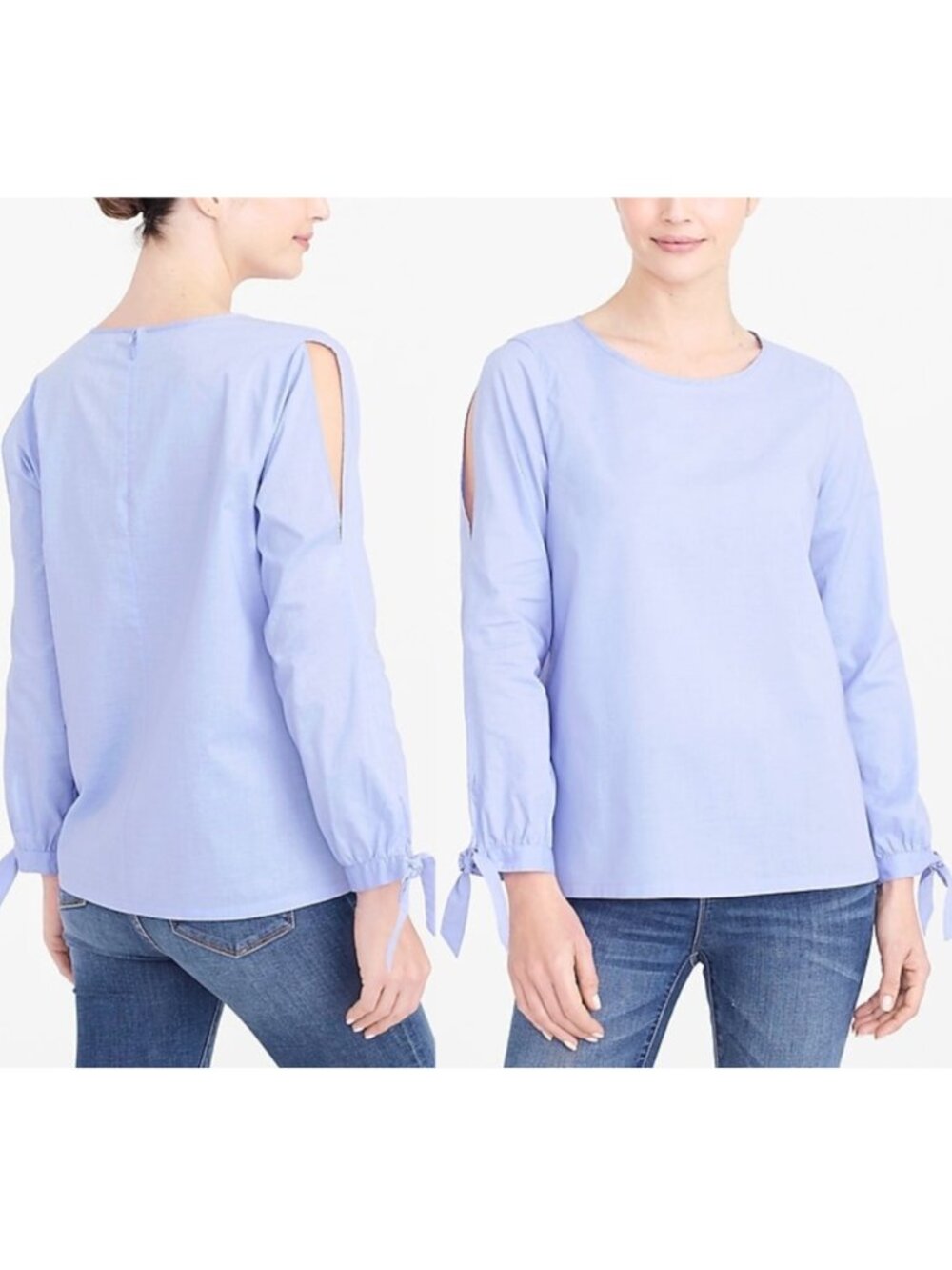 J. CREW Factory Bow Sleeve Peekaboo Blouse Blue Cutout 3/4 Sleeve ? 100% Cotton